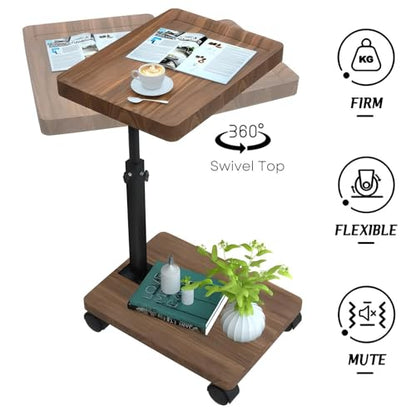 Modern C Shaped Tables Adjustable Height, 360° Swivel Bed End Tables with Wheels, Small Side Table for Couch Living Room (Walnut Color) - color: Walnut
