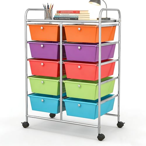 COSTWAY 10 Drawer Rolling Storage Cart, Utility Cart with Lockable Wheels | Mobile Art Supply Craft Organizer with Metal Frame, Multipurpose Drawer Cart for Paper for Office, School, Multi-color - color: Multi-color, size: 10 Drawer