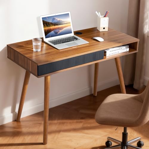 Walnut Wood Desk with Drawer, 42.5" Mid Century Modern Writing Desk | Drawer & Open Storage Cubby, Cable Grommet, Solid Wood Legs, Reinforced Structure for an Organized & Stable Workspace - color: Walnut