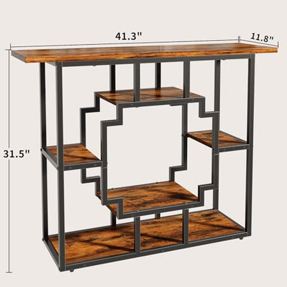 HavenlyYouth 41.3 Inch Entryway Table, Narrow Console Table Behind Couch, Accent Sofa Table with Storage Shelves for Hallway, Entrance, Foyer, Living Room, Rustic Brown