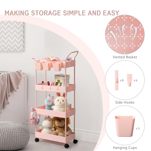 Danpinera 4-Tier Pink Slim Storage Cart, Narrow Laundry Cart with Wheels, Dividers, Hanging Cups, Hooks, Easy Assembly - style: 4 Tier Pink