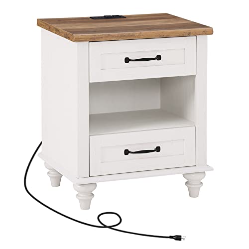 WAMPAT White Side Table with 2 Drawers & Charging Station, Mid Century Nightstand for Bedroom with Power Outlets & USB Ports, Wooden Bedside Table Night Stand with Shelf for Living Room, Antique White - color: Off White