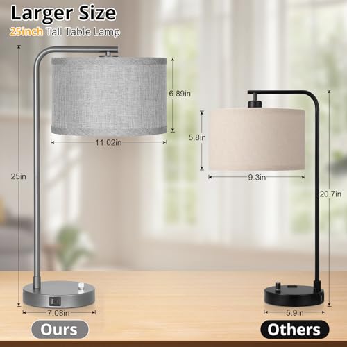 Gray Bedside Lamp with USB C+A Charging Ports, Fully Dimmable Modern Nightstand Lamp with Grey Fabric Shade, Tall Reading Lamp Desk Lamp for Bedroom Living Room Office with 3000K LED Bulb - color: Metal Gray Base with Gray Shade