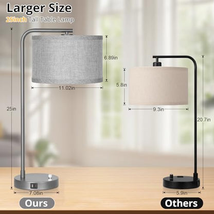 Gray Bedside Lamp with USB C+A Charging Ports, Fully Dimmable Modern Nightstand Lamp with Grey Fabric Shade, Tall Reading Lamp Desk Lamp for Bedroom Living Room Office with 3000K LED Bulb - color: Metal Gray Base with Gray Shade