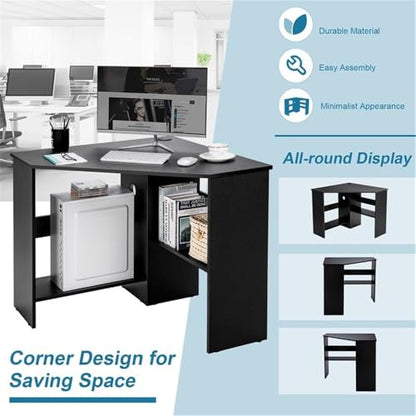 Pemberly Row Corner Computer Desk, Black Finish, Compact Triangle Design, Cable Management Holes, Spacious Storage Shelves, Scratch-Resistant Surface, Versatile Home Office or Bedroom Workstation