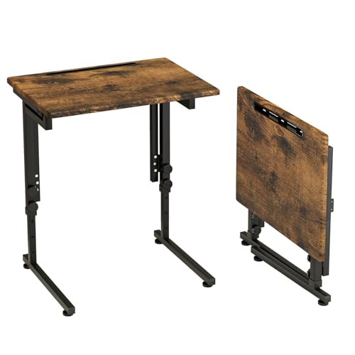 Adjustable Folding TV Tray Table,TV Dinner Small Foldable C-Shaped End Table for Eating,6 Height Adjustable Slide Under Couch Side with Sturdy MDF Top,No Assembly(Brown) - color: Brown, size: 1PC