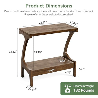 Solid Wood End Table with 2-Tier Storage Shelf, Narrow Side Table for Living Room, Bedroom, Small Spaces, Natural Wood Paint Finish, Easy Assembly - color: Brown