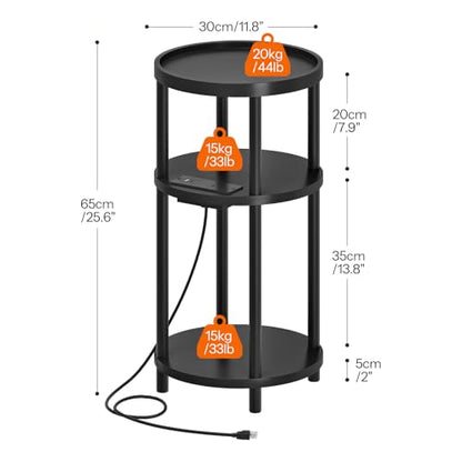 HOOBRO Set of 2 Small Round Side Tables with Charging Station, 3-Tier Round Bamboo End Tables, Easy Assembly, for Living Room, Bedroom, Apartment, Black BB152UBZP201 - color: Black