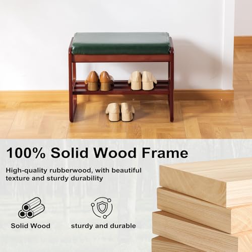 SOBIBO Solid Wood Shoe Bench, 2-Tier Wooden Entryway Bench, Modern Shoe Rack with Faux Leather Cushion for Hallway, Living Room (Green, 21.65'') - color: Green, size: 21.65 inches