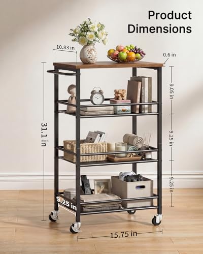 Pipishell Metal 4 Tier Laundry Storage Cart with Wheels, Handle & Wood Top | 10.83" Wide, Larger Storage Spaces, Rust-Resistant Steel, Ventilated Mesh, Anti-Fall Crossbars, 44 lbs Weight Capacity - size: 10.8 in