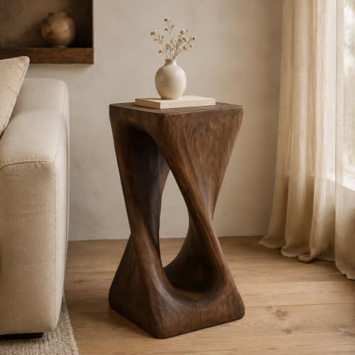 IRONORA Twisted Hollow Wood Grain Pedestal Side Table, Rustic Hourglass Sculpture Accent End Table, Heavy Duty Decorative Console Table for Entryway Living Room Wabi Sabi Farmhouse Decor - color: Style B-antique Brown