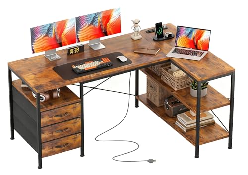 Alpen L Shaped Computer Desk, 47 Inch Corner Desk with Drawers and Power Outlets, Home Office Desk for Gaming, Study Writing PC Table with Storage and Reversible Shelf, Rustic Brown - color: Rustic Brown, size: 47 Inches