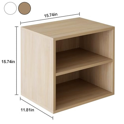 Cube Storage Organizer Shelf, 2 Tiers Stackable Bookshelf, Wooden Display Bookcase with 2 Cube Storage, Small Storage Cabinet for Living Room Bedroom, Natural