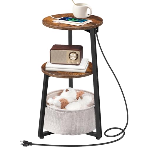 HOOBRO Small Round Side Table with Charging Station, Round End Table with Cotton Linen Storage Basket, Compact Sofa Side Table Nightstand for Small Space, Corner, Living Room, Rustic Brown BF169UBZ01 - color: Rustic Brown + Black
