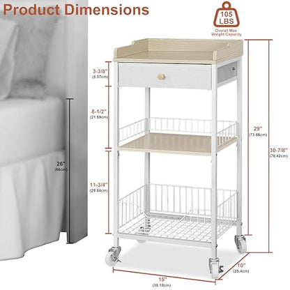 4-Tier Small Side Table with Storage Drawer, Tall Nightstand with Wheels & Basket, Rolling Bathroom Table for Small Spaces, Bedroom, Living Room, Dorm, White and Natural - color: White With Natural