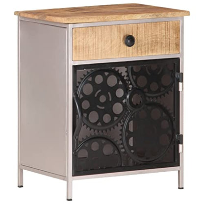 Industrial Bedside Cabinet, Rough Mango Wood with Natural Finish, Silver Iron Frame, 11.8x15.7x19.7 Inches, Storage Drawer & Door, Unique Bicycle Chain Wheel Design