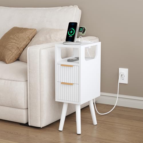 Narrow Side Table with Charging Station, Skinny Fluted Nightstand, White | 7.9" Wide, 24.4" H, 2 Drawers, Solid Wood Feet, Open Shelf, Slim End Table for Small Spaces, Bedroom - color: White-1 Pcs