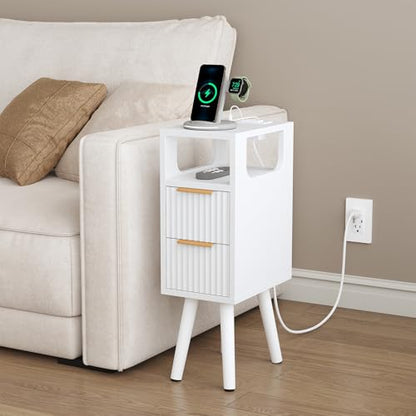 Narrow Side Table with Charging Station, Skinny Fluted Nightstand, White | 7.9" Wide, 24.4" H, 2 Drawers, Solid Wood Feet, Open Shelf, Slim End Table for Small Spaces, Bedroom - color: White-1 Pcs