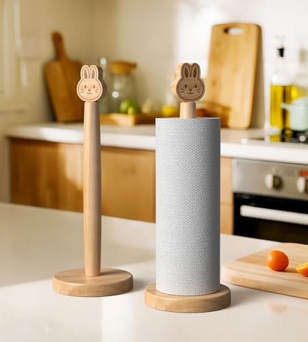 KitchLife Cute Wooden Paper Towel Holder Countertop - Solid Freestanding Paper Towel Dispenser Stand Organizer with Anti-Skid Base (Rabbit) - style: Rabbit