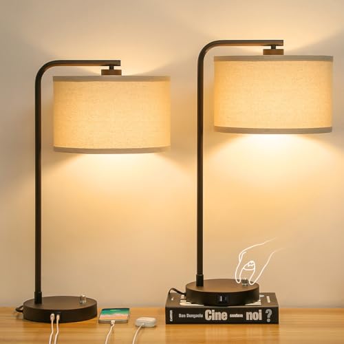 Table Lamps Set of 2, Fully Dimmable Bedside Lamp with USB C+A Charging Ports, Modern Nightstand Lamps with Linen Fabric Shades, Tall Desk Lamp for Bedroom, Living Room, Office, LED Bulb Included - color: Brown 2 Pack