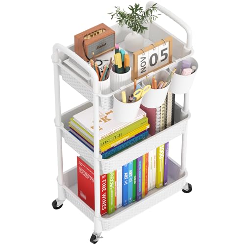MOYIPIN 3-Tier Plastic Rolling Utility Cart with Handle,Utility Storage Cart for Office, Living Room, Kitchen,Movable Storage Organizer Shelves,White with 4 Hanging Cups - color: White, size: 3-Tiers with cups