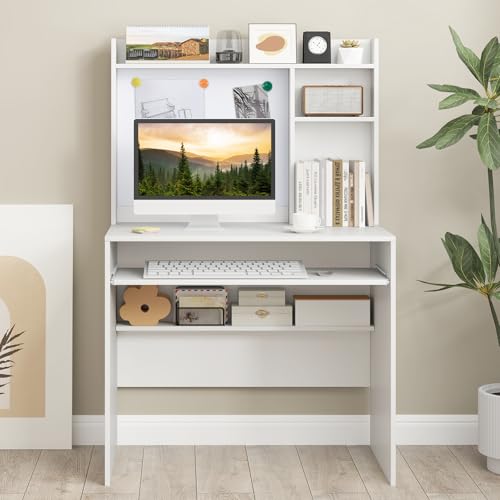 Tangkula Computer Desk with Hutch, Space Saving Laptop Desk with Magnetic Whiteboard, Keyboard Tray, Storage Shelves, Cable Holes, Home Office Desk with Bookshelf, Modern Writing Table (White)