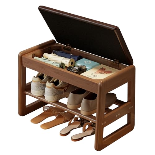AQIMUELE Shoe Rack Bench,2 Tiers Shoe Bench with Storage with Flip-Top,Wood Shoe Rack for Entryway,Hallway（Dark Walnut Upholstered Seat,11.8" D x 23.62" W x 15.7" H） - color: Dark Walnut Upholstered Seat, size: 11.8"D x 23.62"W x 15.7"H
