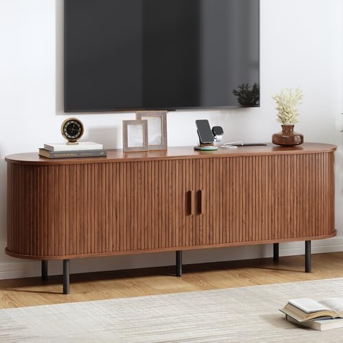 63" Fluted TV Stand with Power Outlet, Modern Media Console with Sliding Doors, Entertainment Center for TVs up to 60 Inch, Adjustable Shelves, Walnut - color: Walnut, size: 63 Inch