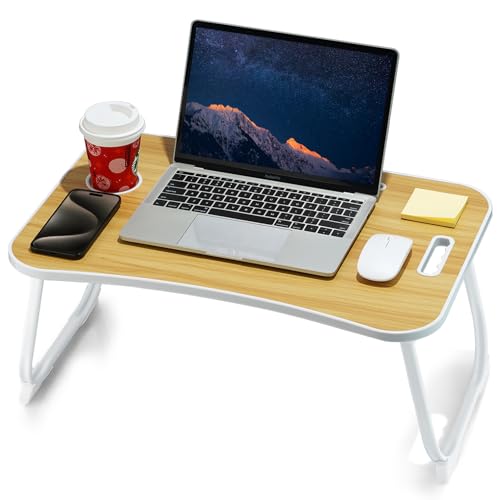 ZEAPTAC Laptop Bed Desk, Foldable Lap Desk, Portable Lap Table, Laptop Stand with Cup Holder, Tablet Slot & Lifting Handle for Work, Write, Draw & Eat on Bed, Sofa or Couch - Wood - color: Wood