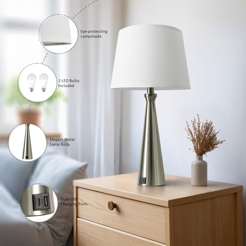 Seealle Modern Table Lamps Set of 2 - Touch Bedside Lamp for Nightstand with Dual USB C+A,3-Way Dimmable Silver Nightstand Lamps for Living Room Bedroom End Table with White Shade(Bulb Included) - color: C. Silver-White