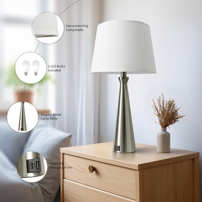 Seealle Modern Table Lamps Set of 2 - Touch Bedside Lamp for Nightstand with Dual USB C+A,3-Way Dimmable Silver Nightstand Lamps for Living Room Bedroom End Table with White Shade(Bulb Included) - color: C. Silver-White