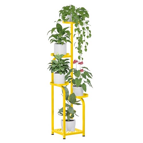 TOSKING 5-Tier Metal Plant Stand, Anti-Tip Corner Shelf, Yellow, 47-Inch | Wide base and heavy-duty shelves hold multiple pots; child- and pet-friendly for living room, balcony, patio or bedroom - color: Yellow, size: 5tier Sq