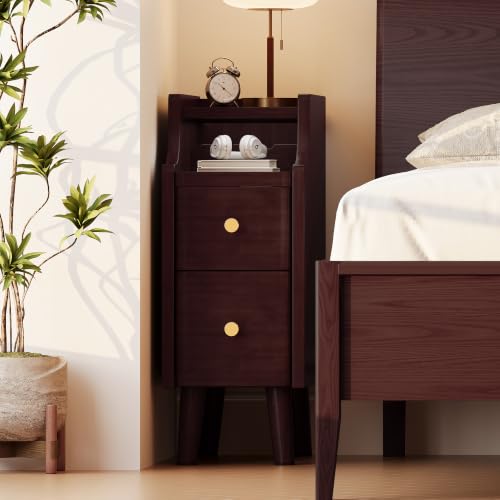 7.9" Solid Wood Narrow Nightstand with Drawers & Tray,Black Walnut | Perfect for small spaces, this slim bedside table features a pull-out tray, cable routing, and minimal easy assembly - color: Black Walnut, size: 8''