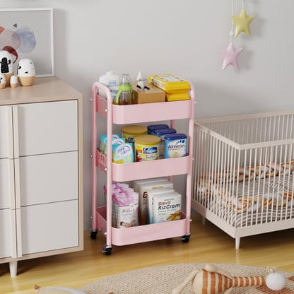 3 Tier Rolling Cart with Table top, Metal Rolling Utility Cart, Sturdy Storage Organizer Cart with Locking Wheels & Hooks for Office, Classroom, Kitchen and Bathroom，Pink - color: Pink