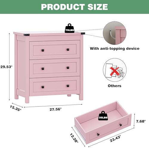 Xixini Farmhouse Nightstand with 3 Storage Drawers, 27.55" Wide Wood Bedside Table, Modern Side Table with Metal Handle, End Table for Bedroom, Pink - color: Pink