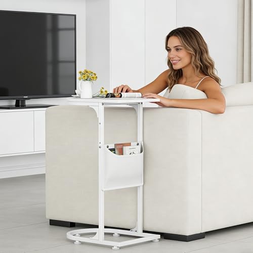 C Shaped End Table, Slide Under Small Side Table for Couch & Small Spaces | Wobble-Free C Table For Sofa, White, Storage Bag, Sturdy Metal Frame, Wood Top, Living Room & Bedroom, 15-Min Quick Assembly - color: Classic White