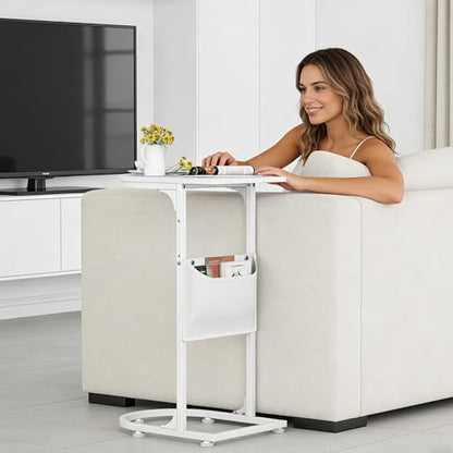 C Shaped End Table, Slide Under Small Side Table for Couch & Small Spaces | Wobble-Free C Table For Sofa, White, Storage Bag, Sturdy Metal Frame, Wood Top, Living Room & Bedroom, 15-Min Quick Assembly - color: Classic White