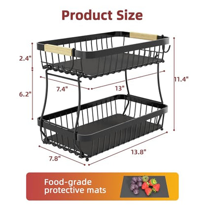 Sevenblue 2-Tier Fruit Basket with Banana Hangers, Detachable Metal Bowl | Wooden handle, protective mats included. Versatile holder for bread, snacks, and veggies. Large 2 tier metal design. - color: Black, size: 2 Tier Standard