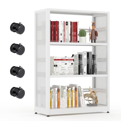 Metal Storage Shelves with Wheels and Adjustable Feet,3 Tier Bookshelf with Storage,Bookshelf with Storage,White Bookcase with 2 Adjustable Shelves,Office Shelves for Living Room,ClassRoom,Library - color: White, size: 3-Tier 28"W