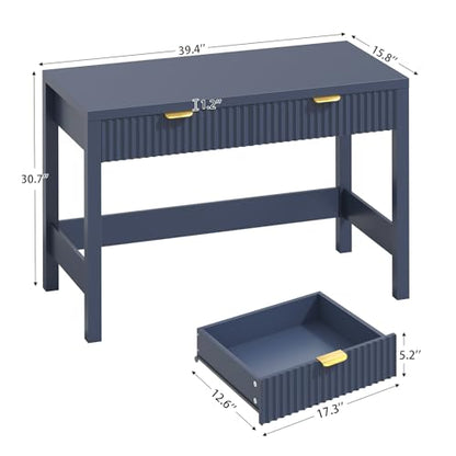 YOMILUVE Fluted Computer Desk with 2 Drawers, 39 Inch Small Computer Desk with Storage, Compact Writing Study Desk for Small Spaces, Blue - color: Blue