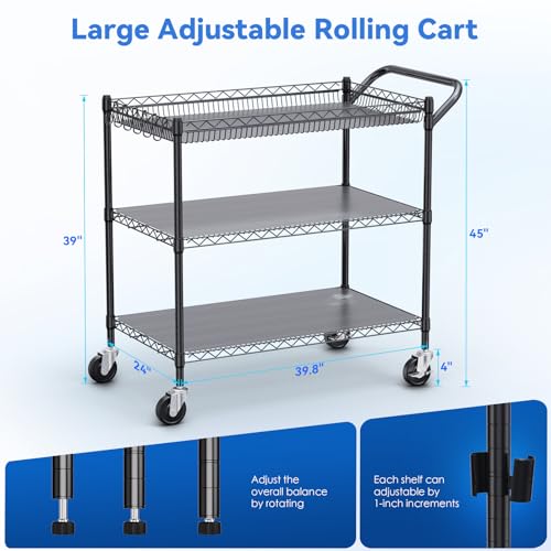 WDT 1350Lbs Capacity Heavy Duty Rolling Utility Cart, NSF Rolling Carts with Wheels,Commercial Grade Metal Cart with Handle Bar & Shelf Liner,Trolley Serving Cart for Restaurant,Kitchen,Black - color: Black 3 Tier Large