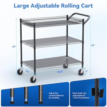 WDT 1350Lbs Capacity Heavy Duty Rolling Utility Cart, NSF Rolling Carts with Wheels,Commercial Grade Metal Cart with Handle Bar & Shelf Liner,Trolley Serving Cart for Restaurant,Kitchen,Black - color: Black 3 Tier Large