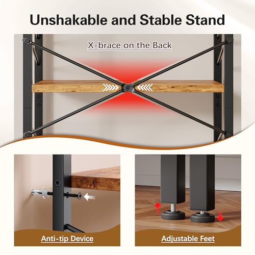 DurayLoly 2 Pieces 5 Tier Bookshelf for Narrow Space, Rustic Brown | Small Space Dwellers , Sidebars and Metal Frame - color: Rustic Brown, size: 5 Tier - 2 pcs