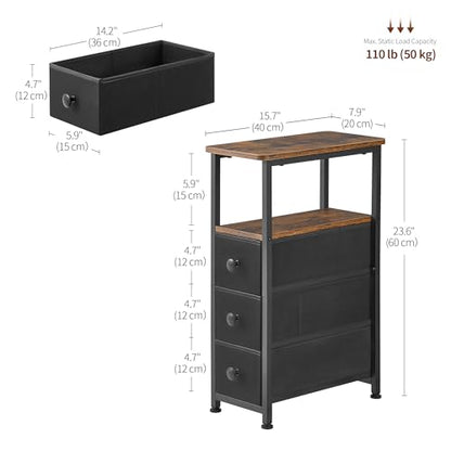 End Table, Narrow Side Table with 3 Fabric Drawers, Slim Nightstand, Small Bedside Table with Storage, Living Room, Bedroom, Rustic Brown HKET1300BR - color: Rustic Brown, size: 7.9" W x 15.7" D, style: No Power