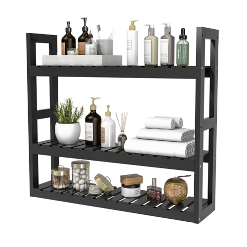 Domax Bamboo Bathroom Shelf 3-Tier Wall Mount Storage Rack Multifunctional Adjustable Layer Free Standing Over Toilet Utility Shelves Living Room Kitchen (Black) - color: Black