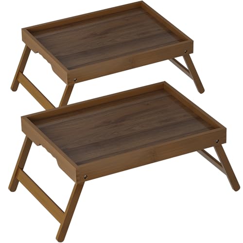 Breakfast Tray with Folding Legs Set of 2, Bamboo Bed Tray Table 15.7" Foldable TV Dinner Tray with Ergonomic Wave Handles for Bed Couch Sofa, Breakfast, Snacks, Coffee, Walnut - color: Walnut, size: Medium