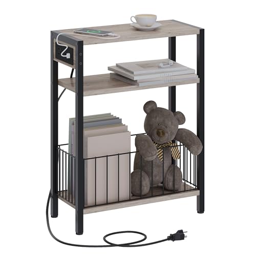 TRIFEBLE Narrow Side Table with Charging Station, Small End Table for Small Spaces, Slim Nightstand with Storage Basket, 3 Tier Skinny Bedside Table for Living Room, Bedroom, Greige - color: Greige, style: With Basket & Power