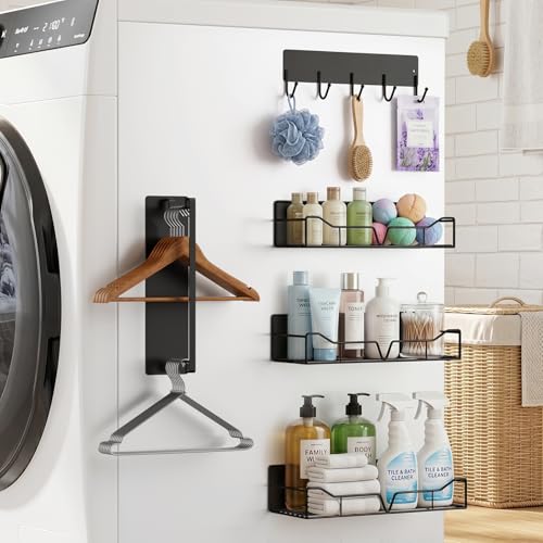 5 Pack Magnetic Shelves for Washing Machine Heavy Duty Magnetic Laundry Organizer with Hooks Metal Washing Machine Storage Shelves for Refrigerator, Washer, Kitchen, Laundry Room Organization (Black)