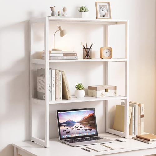 Tangkula Desktop Bookshelf, 3-Tier Countertop Storage Hutch with Open Shelves, Dorm Storage Hutch for Computer Desk with Metal Frame, Display Rack Shelf for Home Office Kitchen Dorm, White