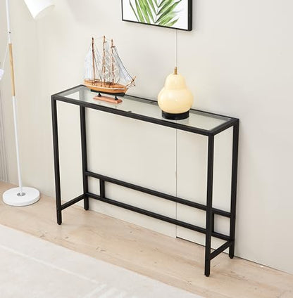 MAJARO Small Modern Console Table for Entryway, Tempered Glass with Metal Frame Sofa Table for Living Room, Hallway, Office (Single-Layer, Black) - color: Black, style: Single-layer
